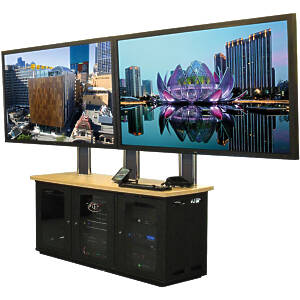 Dual Monitor Display with Triple 19″ Media Cabinet